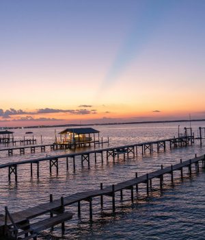 Aerial view of Santa Rosa Sound, Pensacola Beach, Florida at sunset